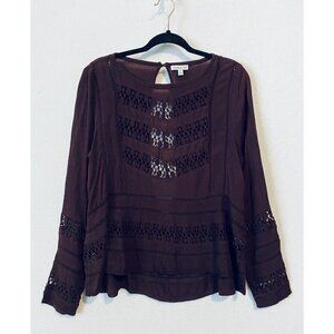 Patrons of Peace Peasant Top Womens Crochet Trim Open Back Long Sleeve Maroon